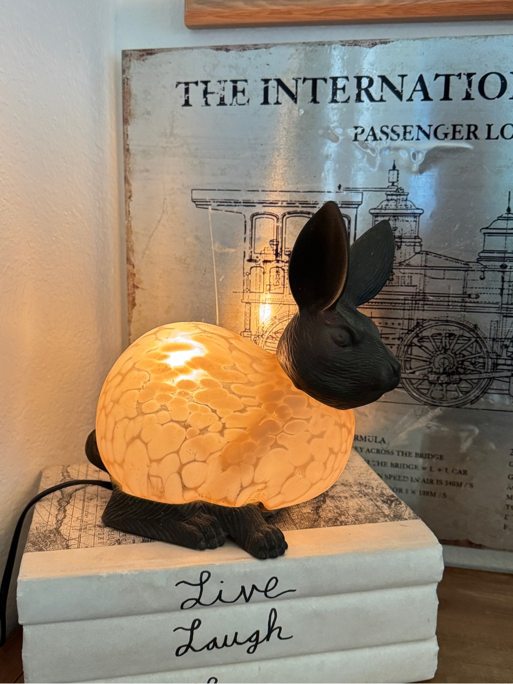 Vintage Tin Chi Rabbit Lamp Glass & Brass Pink Spotted Glass Bunny 1996